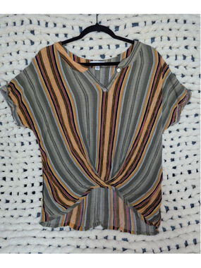 LA Threads Women's Large Twist Front Stripe Top Olive Mustard Pink Short Sleeve